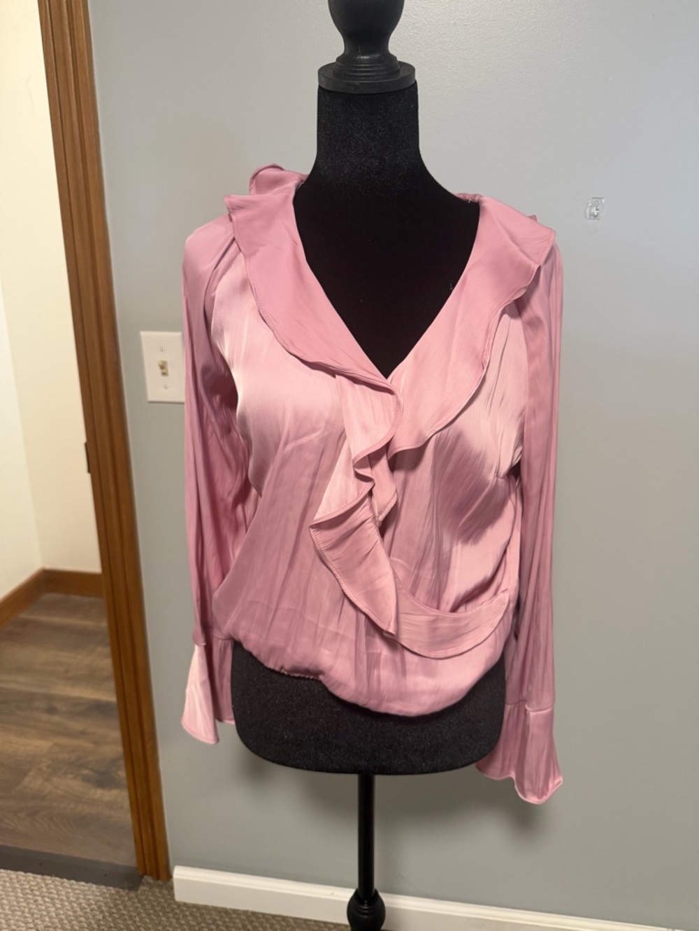 A New Day Pink Satin Ruffle Blouse | Medium | Long Sleeve | Wrap Style | NWOT